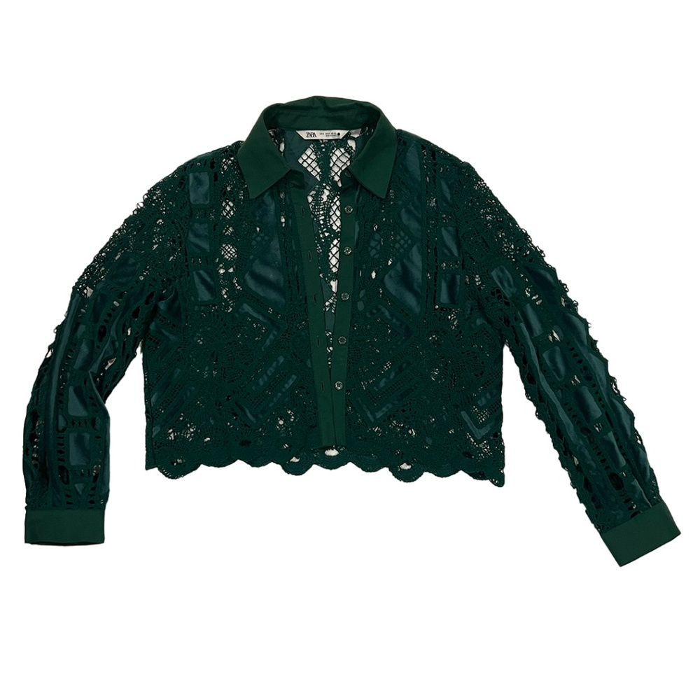 Zara Green Lace Cropped Button-Up | US Women's Size M